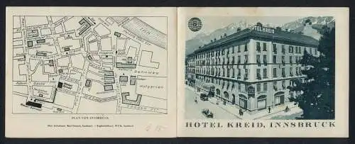 Werbebillet Innsbruck, Hotel Kreid, Innenansichten in verschiedenen Sprachen, Anfahrtskizze