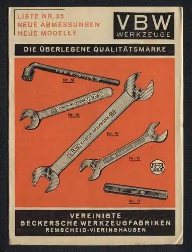 Werbebillet Remscheid-Vieringhausen, Vereinigte Beckersche Werkzeugfabriken (VBW), verschiedene Werkzeuge