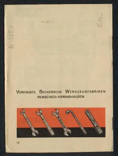 Werbebillet Remscheid-Vieringhausen, Vereinigte Beckersche Werkzeugfabriken (VBW), verschiedene Werkzeuge