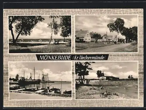 AK Mönkebude, Badespass am Badestrand, Strassenpartie, Hafenpartie, Uferpartie