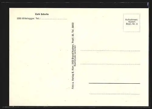 AK Mittelagger, Café Schulte, Denkmal und Ortsansicht aus der Vogelschau