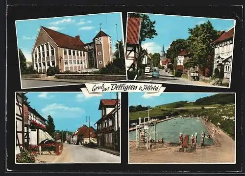 AK Delligsen /Alfeld, Kirche, Strassenpartie und Freibad