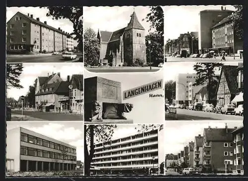 AK Langenhagen /Hann., Gasthaus Ferdinand Meyer, Kirche, Wohnsiedlung, Strassenpartien