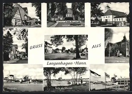 AK Langenhagen /Hann., Flughafen, Bahnhof, Walsroderstrasse, Flughafen, Partie am Silbersee