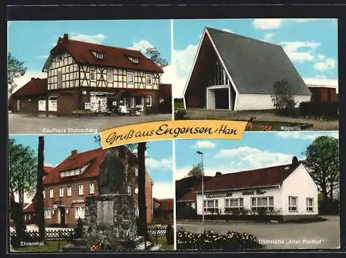 AK Engensen /Han., Geschäft Stolzenberg, Gasthaus Alter Posthof, Kapelle und Ehrenmal