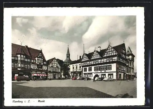 AK Blomberg i. L., Marktplatz mit Rathaus und Geschäften