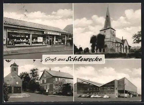 AK Schlewecke / Hildesheim, Gemischtwaren H. Achilles, Kirche, Lagerhalle