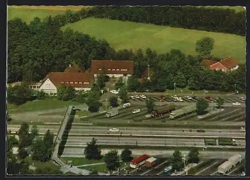 AK Gütersloh, Das Bundesautobahn-Rasthaus G. u. A. Neef, Fliegeraufnahme