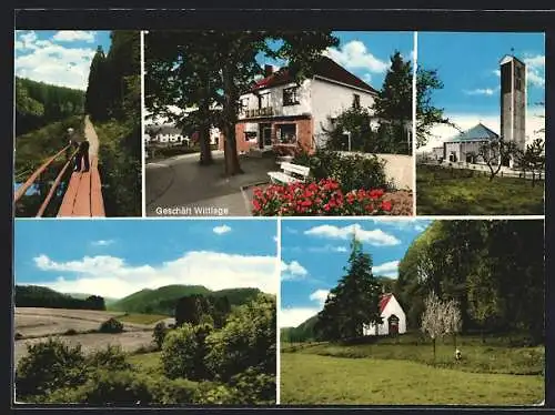 AK Holtheim /Eggegebirge, Geschäftshaus Wittlage, Kirche, kleine Kapelle, Feldpanorama