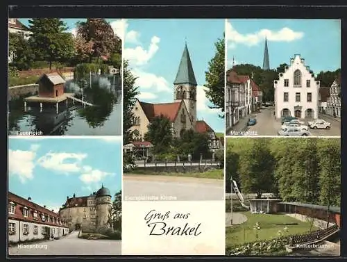 AK Brakel, Evangelische Kirche, Feuerteich, Hinnenburg, Kaiserbrunnen, Marktplatz