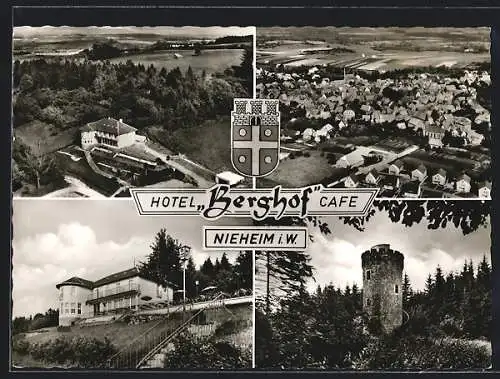 AK Nieheim i. W., Das Hotel Berghof v. Paul Reineke, Burgturm, Gesamtansicht