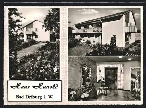 AK Bad Driburg i. W., Die Pension Haus Hunold mit Innenansicht, Lange Str. 23