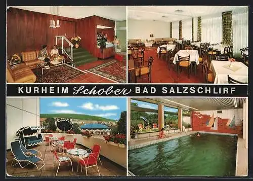 AK Bad Salzschlirf, Das Gasthaus Kurheim Schober, Innenansichten, Terrasse, Hallenbad, Bahnhofstrasse 16