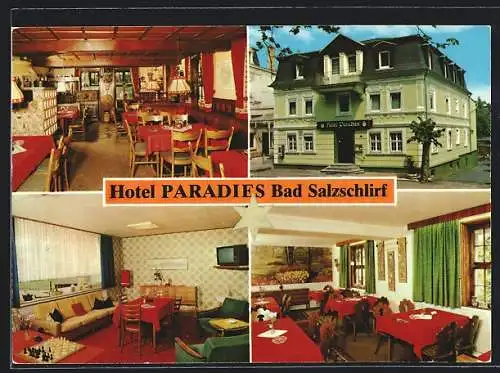 AK Bad Salzschlirf, Das Hotel Paradies v. Ursel & Jochen Riha, mit Innenansichten, Bahnhofstrasse 30