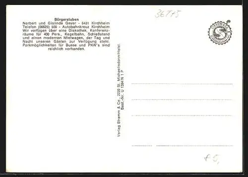 AK Kirchheim / Hessen, Gaststätte Bürgerstuben, Reisebus, Inh. Norbert u. Gislinde Geyer