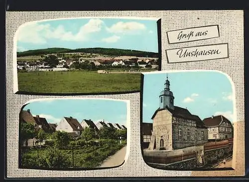 AK Unshausen, Panorama, Strassenpartie, Kirche
