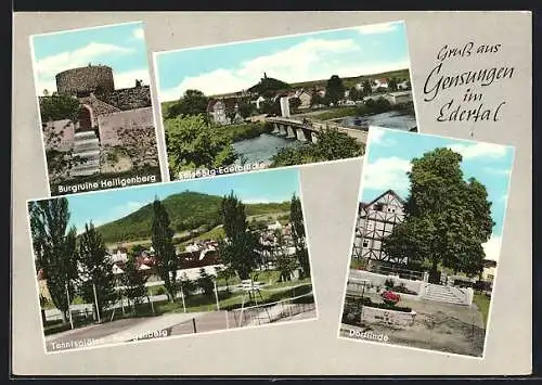 AK Gensungen im Edertal, Tennisplätze Heiligenberg, Burgruine, Dorflinde