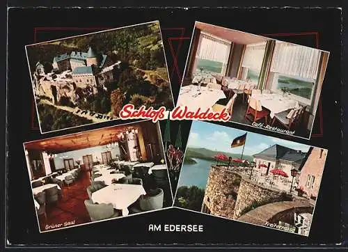 AK Waldeck am Edersee, Hotel Schloss Waldeck, Innenansichten Cafe-Restaurant und Grüner Saal