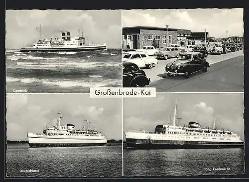 AK Grossenbrode, Kai mit Dampfer Deutschland, Danmark König Frederik IX., Autos