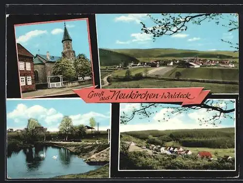 AK Neukirchen / Waldeck, Kirchpartie, Panoramaansicht, Weiherpartie, Teilansicht