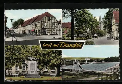 AK Dransfeld, Gefallenendenkmal, Freibad, Partie a. d. Kirche