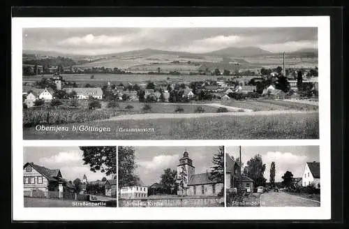 AK Obernjesa b. Göttingen, Strassenpartie, Schule und Kirche, Panorama