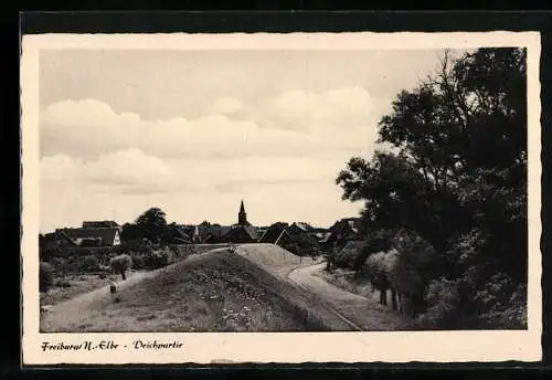 AK Freiburg / Unterelbe, Blick vom Deich zum Ort