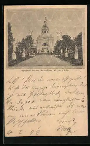 AK Nürnberg, Bayerische Landes-Ausstellung 1896, Eingangsbereich der Ausstellung, Ganzsache Bayern 5 Pfennig