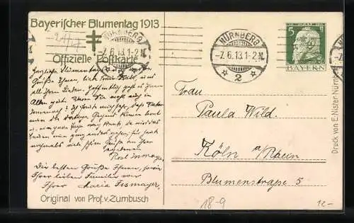 Künstler-AK Ludwig von Zumbusch: Bayerischer Blumentag 1913, Kind mit Blume, Ganzsache Bayern