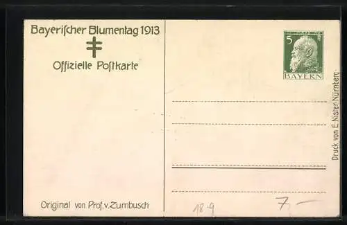 Künstler-AK Ludwig von Zumbusch: Bayerischer Blumentag 1913, Kind mit einer Blume, Ganzsache Bayern