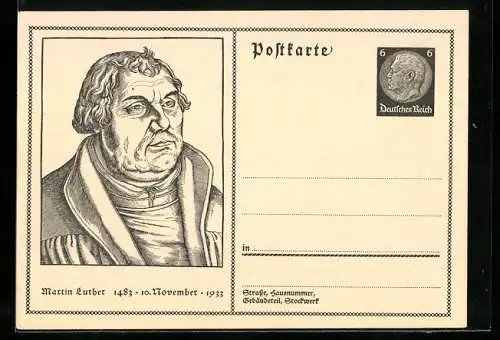 AK Portrait Martin Luther, 1483 - 1933, Ganzsache 6 Pfennig