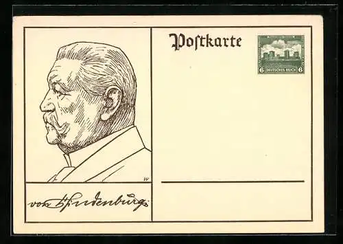 Künstler-AK Portrait Paul von Hindenburg - Strichzeichnung, Ganzsache 6 Pfennig