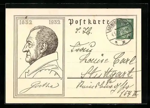 Künstler-AK Portrait Goethes im Profil, 1832-1932, Ganzsache 6 Pfennig