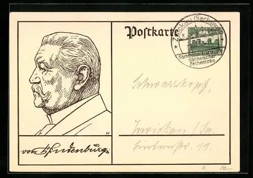 Künstler-AK Portrait Paul von Hindenburg - Strichzeichnung, Ganzsache 6 Pfennig