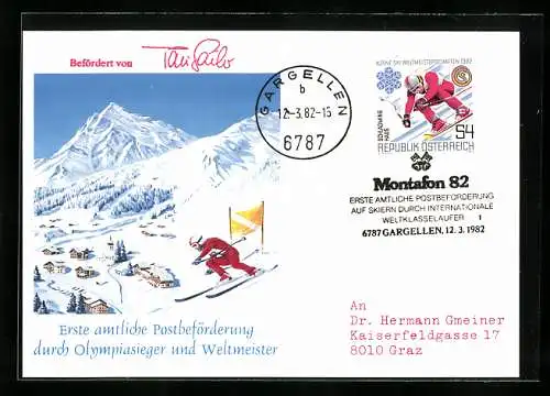 Maximum-AK Gargellen, Erste amtliche Postbeförderung durch Olympiasieger 1982, Skifahrer in Fahrt