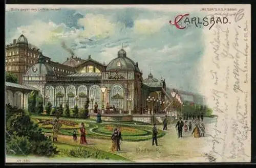 Lithographie Carlsbad, Kurgäste im Stadtpark, Halt gegen das Licht