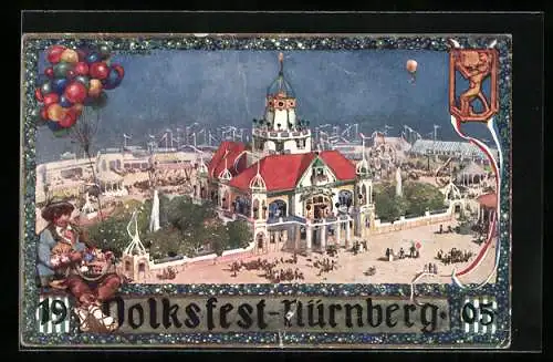 Künstler-AK Nürnberg, Volksfest 1905, Festgelände, Ganzsache Bayern 5 Pfennig