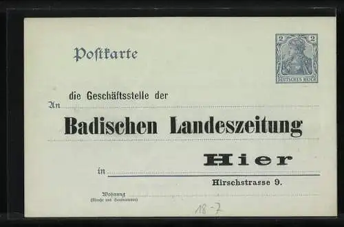 AK Bestellschein der Badischen Landeszeitung, Ganzsache 2 Pfennig