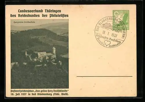 AK Bad Blankenburg /Thür. Wald, Postwertzeichenschau Das grüne Herz Deutschlands 1937, Ruine Greifenstein, Ganzsache