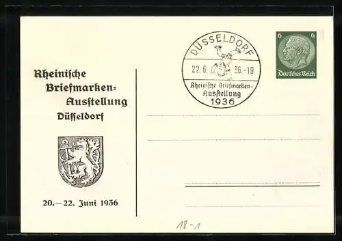 AK Düsseldorf, Rheinische Briefmarken-Ausstellung Juni 1936, Der Ausstellungsstempel, Ganzsache