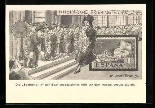 AK Düsseldorf, Rheinische Briefmarken-Ausstellung, 20. - 22. Juni 1936, Schirmherrin der Spanienspezialisten, Ganzsache