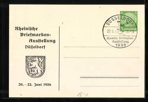 AK Düsseldorf, Rheinische Briefmarken-Ausstellung, 20. - 22. Juni 1936, Schirmherrin der Spanienspezialisten, Ganzsache