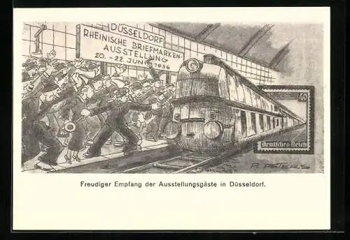 Künstler-AK Düsseldorf, Rheinische Briefmarken-Ausstellung 1936, Empfang der Ausstellungsgäste, Ganzsache