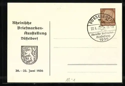 Künstler-AK Düsseldorf, Rheinische Briefmarken-Ausstellung 1936, Empfang der Ausstellungsgäste, Ganzsache