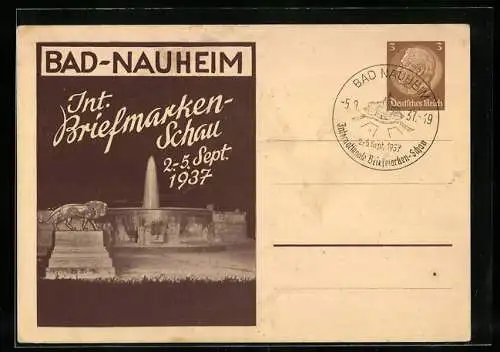 AK Bad Nauheim, Int. Briefmarken-Schau 1937, Löwenstatue am Brunnen, Ganzsache 3 Pfennig