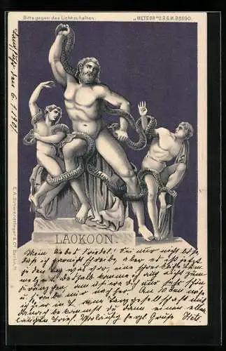 Lithographie Laokoon, Gruppe mit Schlange, Leuchtende Figuren bei Halt gegen das Licht