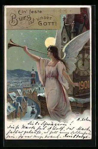AK Neujahr, Engel auf dem Kirchturm mit Fanfare 1901, Ganzsache 3 Pfennig