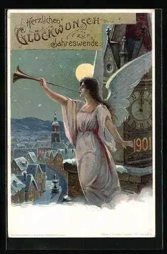 AK Neujahr, Engel auf dem Kirchturm mit Fanfare, 1901, Ganzsache 3 Pfennig