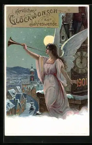 AK Neujahr, Engel auf dem Kirchturm mit Fanfare, 1901, Ganzsache 3 Pfennig