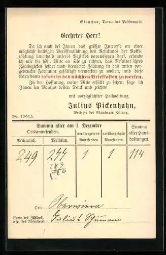 AK Glauchau, Korrespondenzkarte v. Verleger Julius Pickenhahn, Ganzsache 5 Pfennig